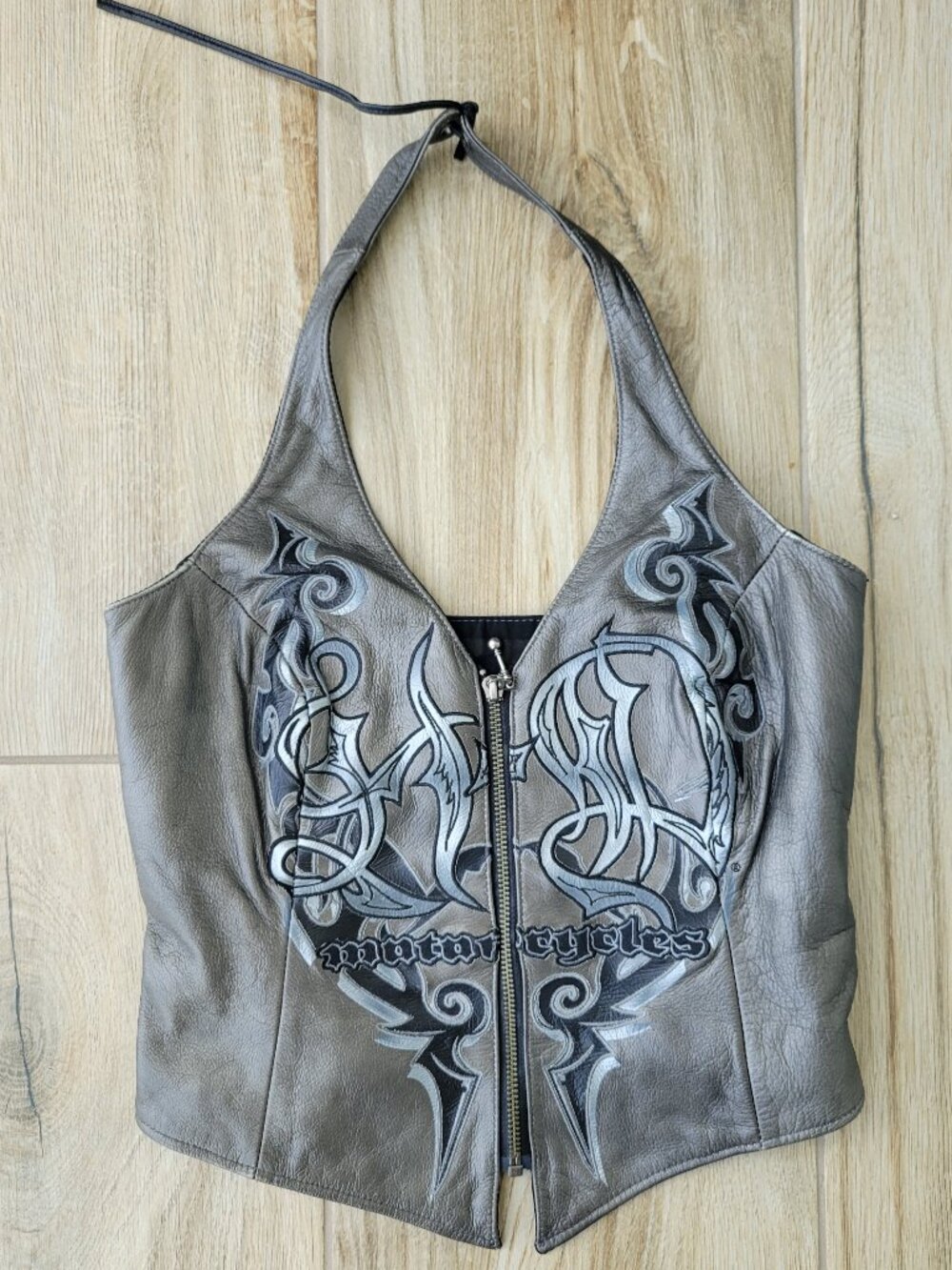 Harley-Davidson Shadow Crest Leather Halter Top - Grey XS - Tribal Wings